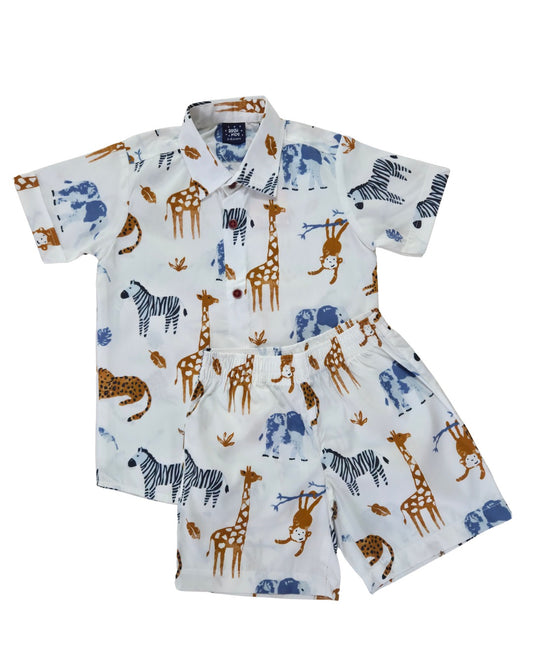 Boys Shirt and Shorts Set - White Animals