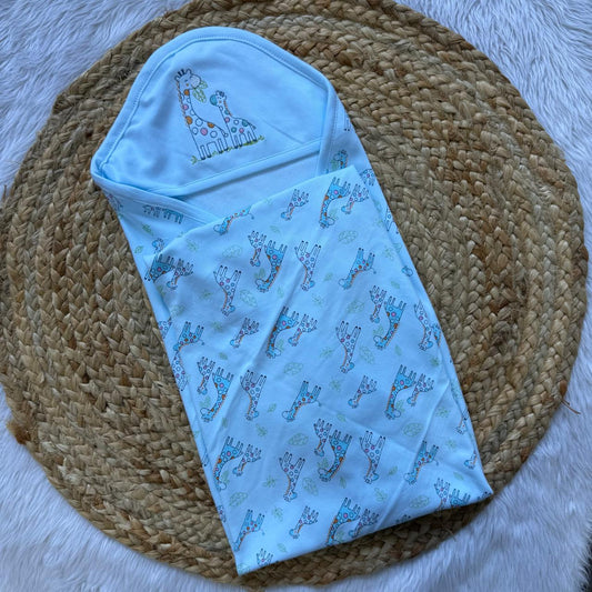Hooded Towel - Giraffe Sky blue