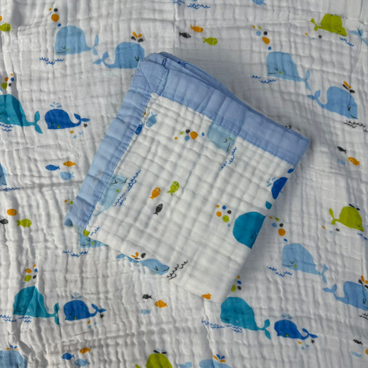 Muslin Blanket 6 Layer -Blue fishes