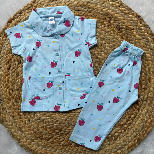 Baby Collar Night Suits - Blue strawberry