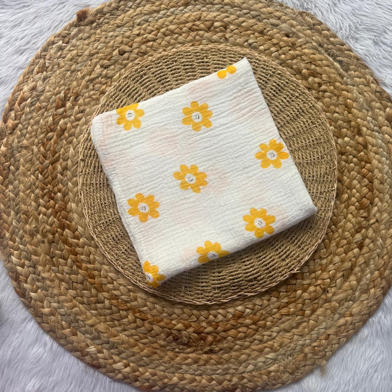 Premium double layer crinkled swaddle - Yellow Flowers