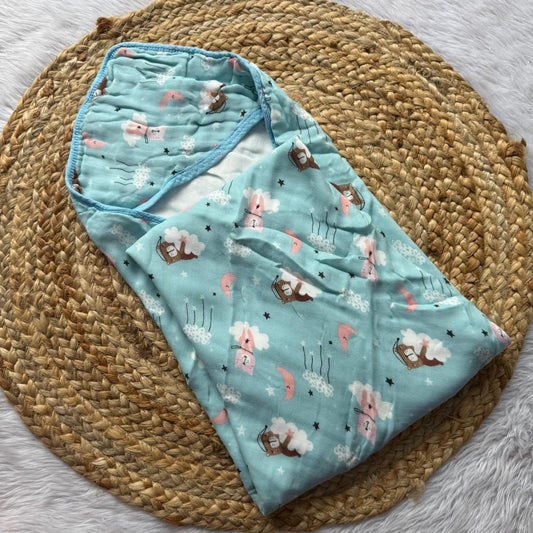 Muslin 6 Layer Hooded Towel - Blue Teddy