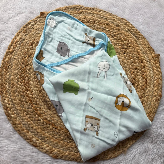 Muslin 6 Layer Hooded Towel - Blue Animal Faces