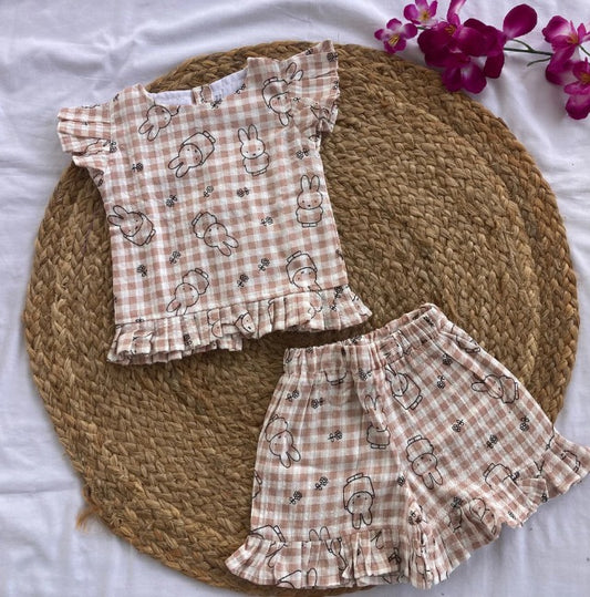 Girls Cotton Co-ords Shorts Set - Brown Bunny