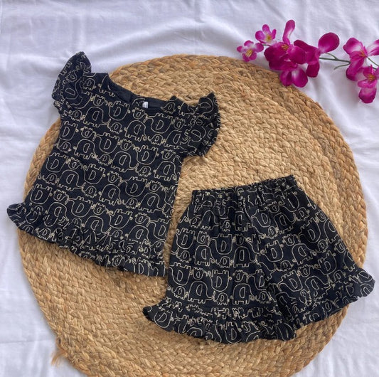 Girls Cotton Co-ords Shorts Set - Black Elephant