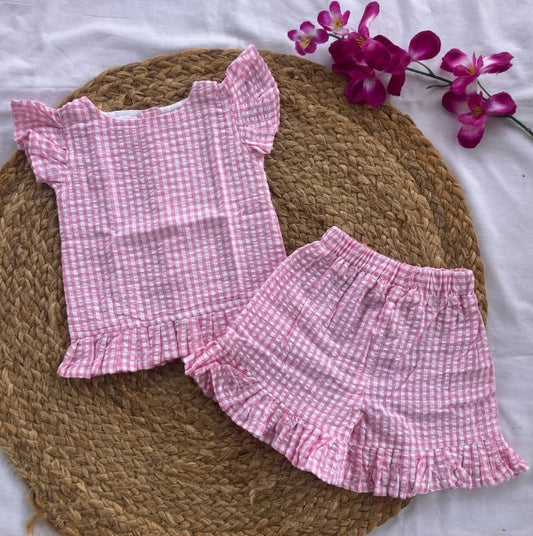 Girls Cotton Co-ords Shorts Set  - Pink Lines