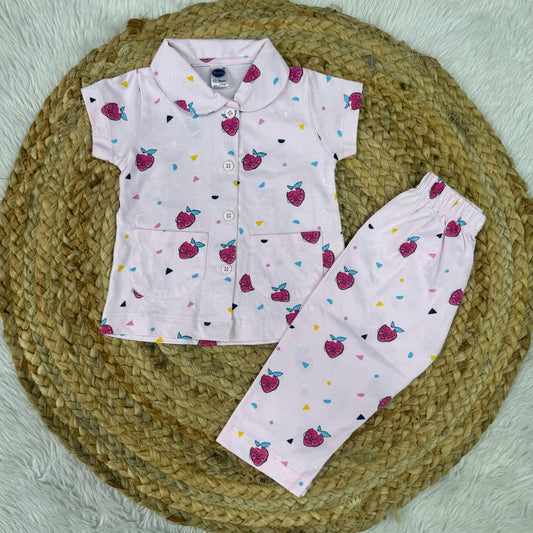 Baby Collar Night Suits - Pink strawberry