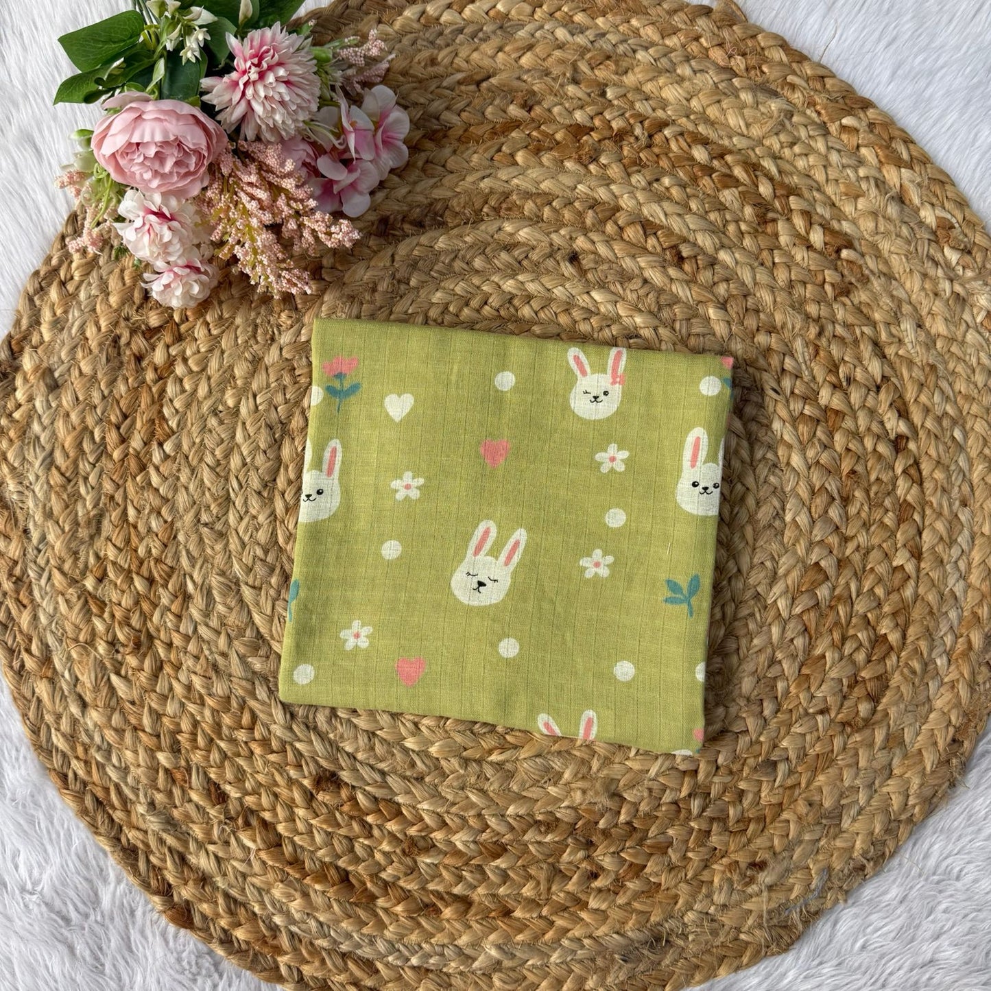 Muslin Adult Bath Towels - Green Bunny