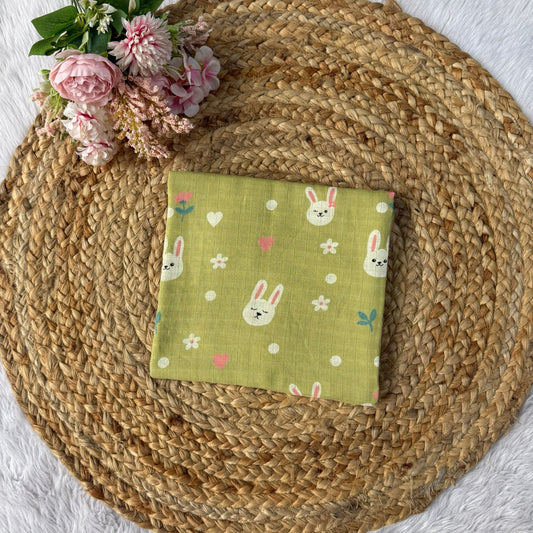Muslin Adult Bath Towels - Green Bunny
