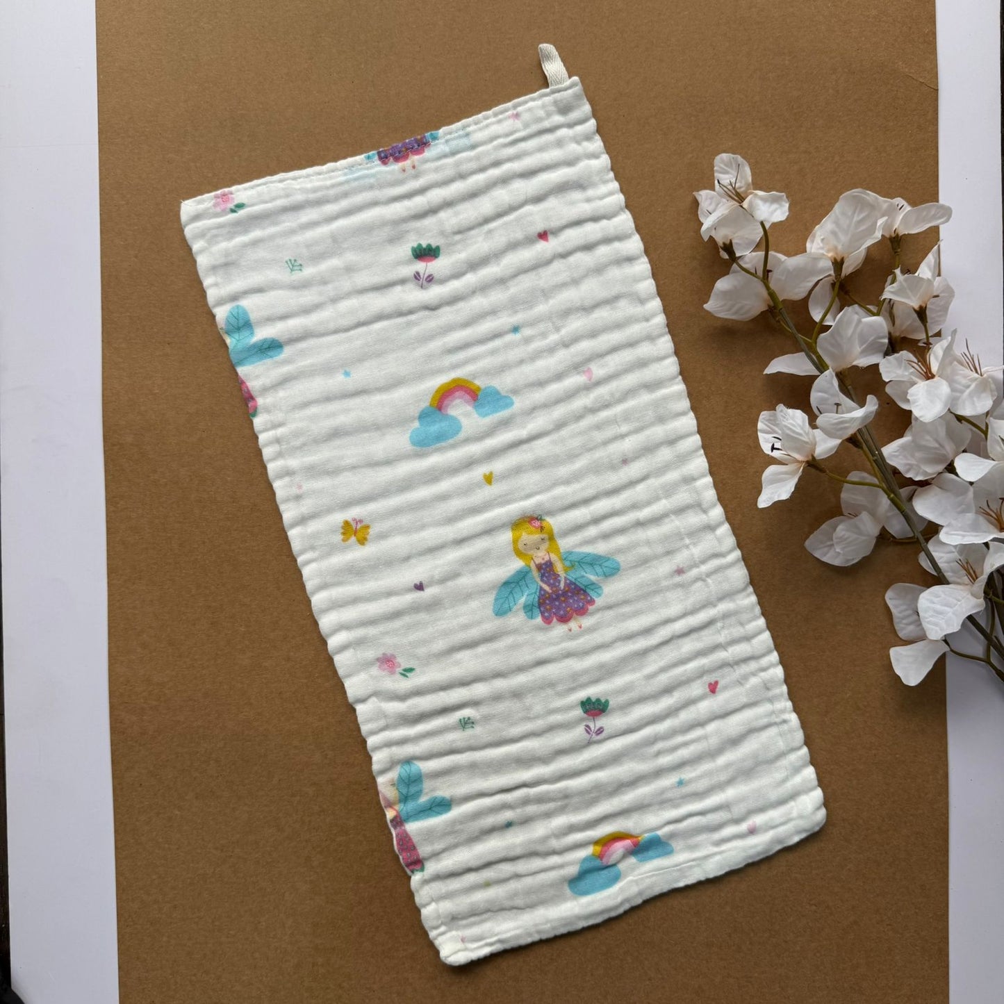 Baby Burp Cloth - 6 layer Muslin - Rainbow with Angel