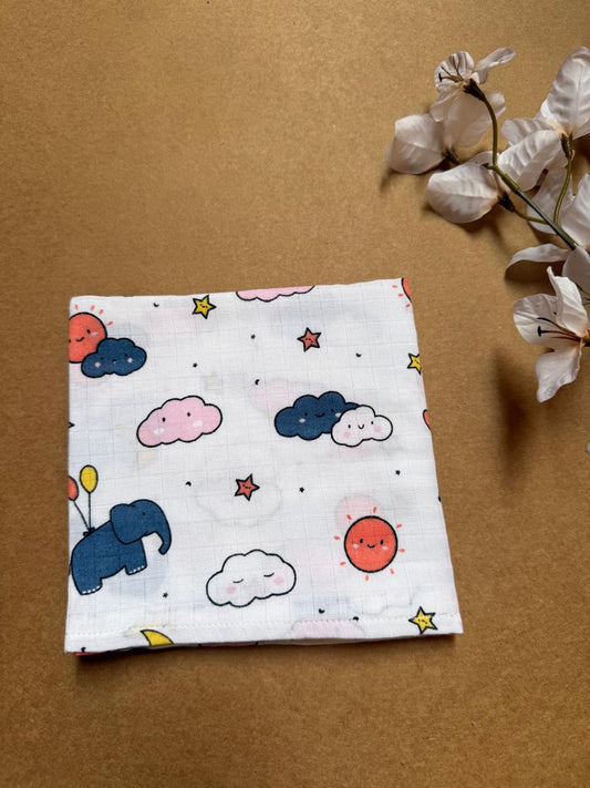 Muslin Small Baby Bath towel - Clouds & Elephant