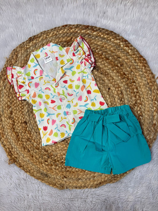 Girls Cotton Co-ords Shorts Set  -  Hearts and Rainbow