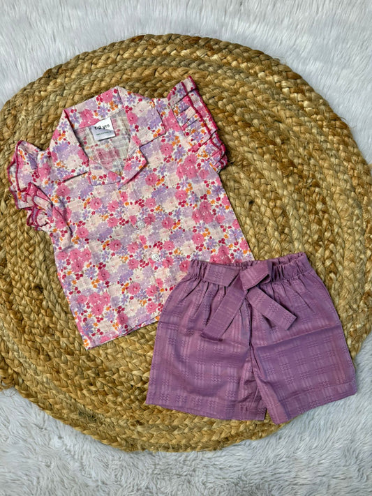 Girls Cotton Co-ords Shorts Set  - Purple Flowers