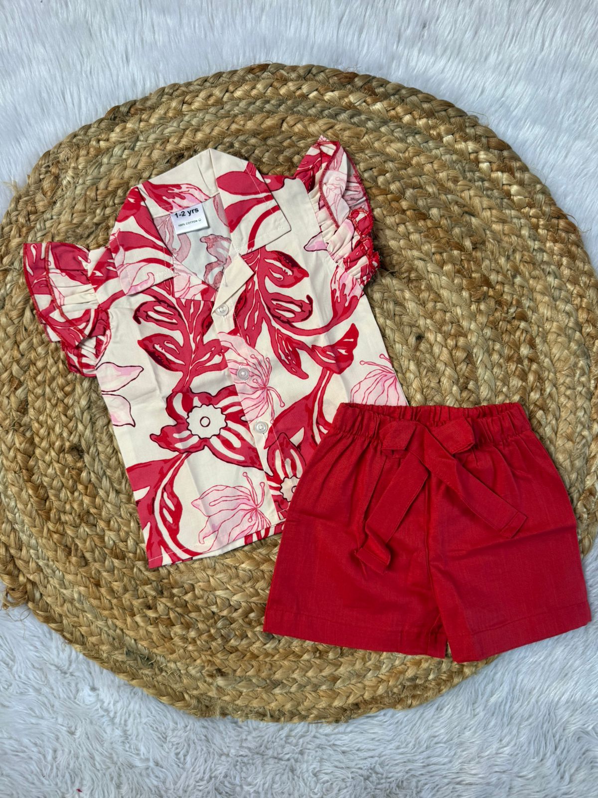 Girls Cotton Co-ords Shorts Set  - Red Leaves