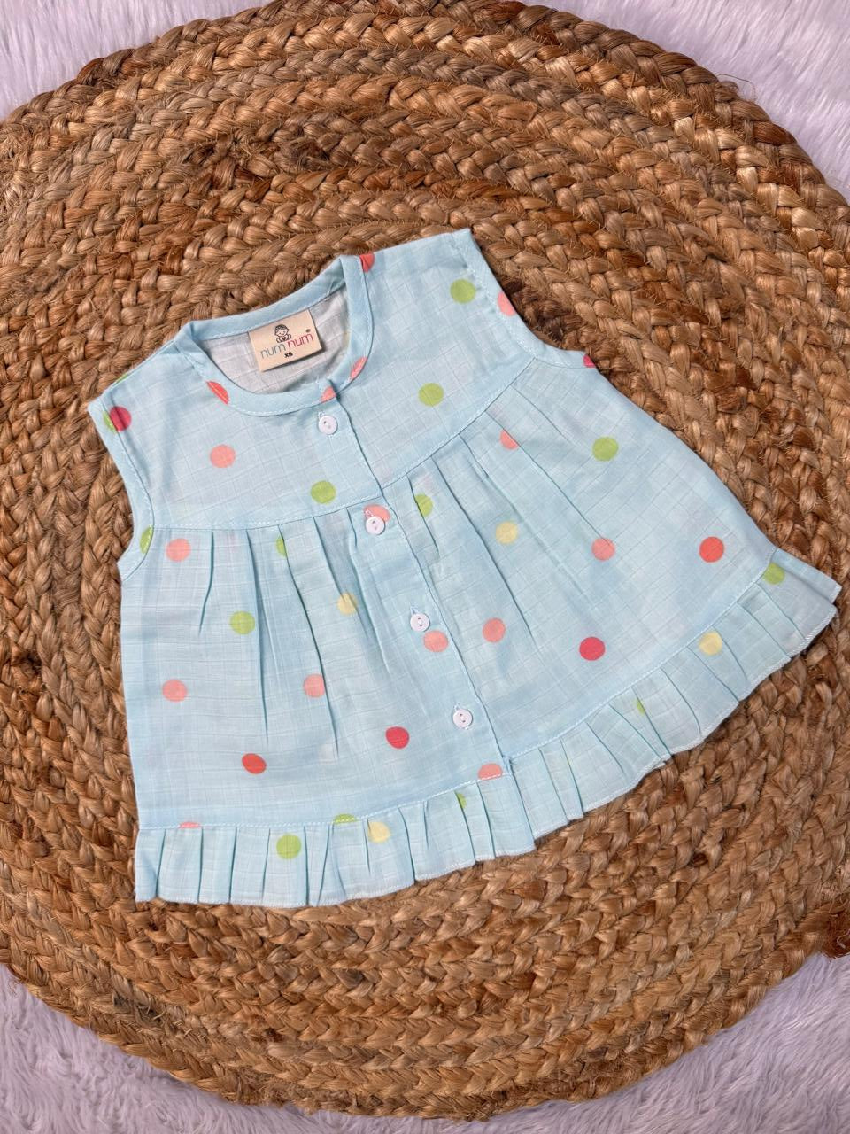 Front Open Frock - Sky Blue Dots