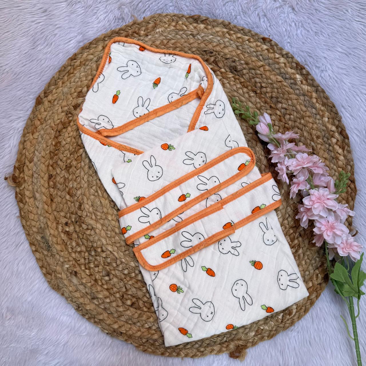 Muslin 6 Layer Hooded Towel with Belt - Orange Rabbit