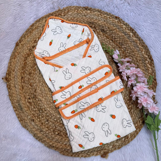 Muslin 6 Layer Hooded Towel with Belt - Orange Rabbit