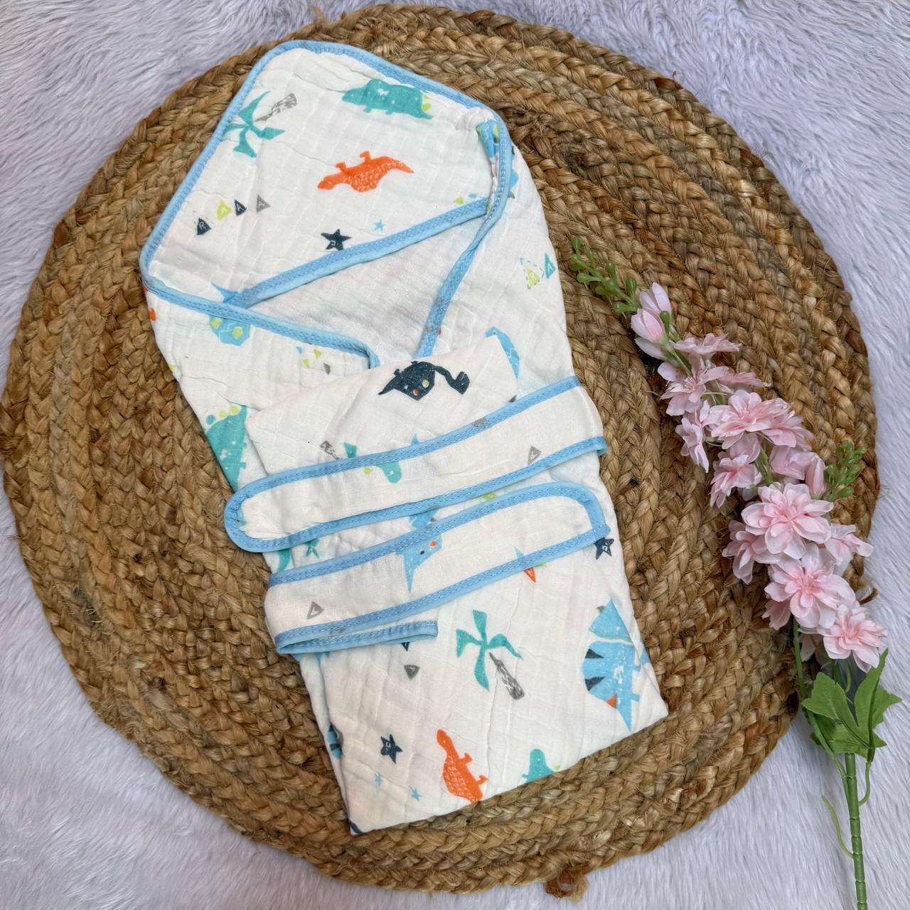 Muslin 6 Layer Hooded Towel with Belt - Blue Dino