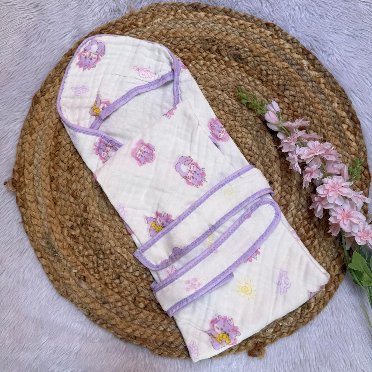 Muslin 6 Layer Hooded Towel with Belt - Purple Unicorn