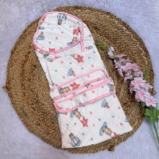 Muslin 6 Layer Hooded Towel with Belt - Pink Stars