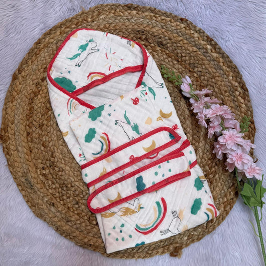 Muslin 6 Layer Hooded Towel with Belt - Red Rainbow