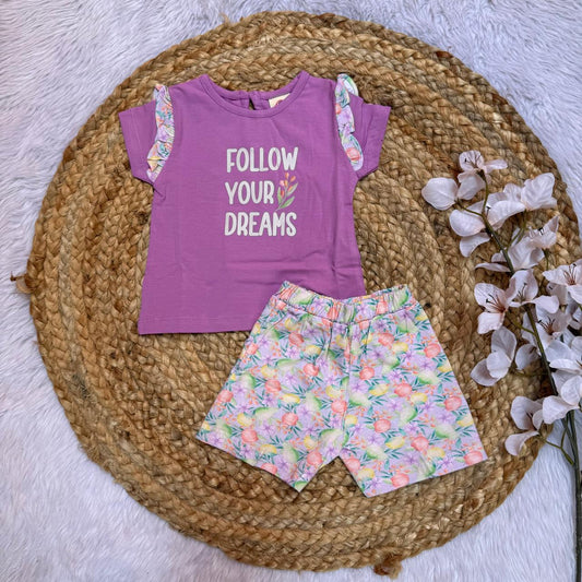 T-Shirt & Shorts Girls Sets - Purple Flowers
