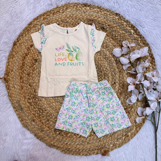 T-Shirt & Shorts Girls Sets - Cream Flowers