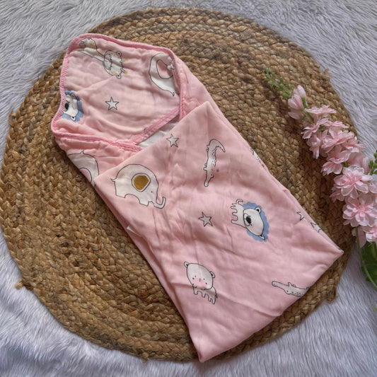 Muslin 6 Layer Hooded Towel - Pink Animals