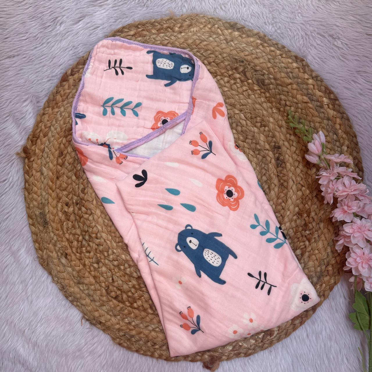 Muslin 6 Layer Hooded Towel - Pink Teddy