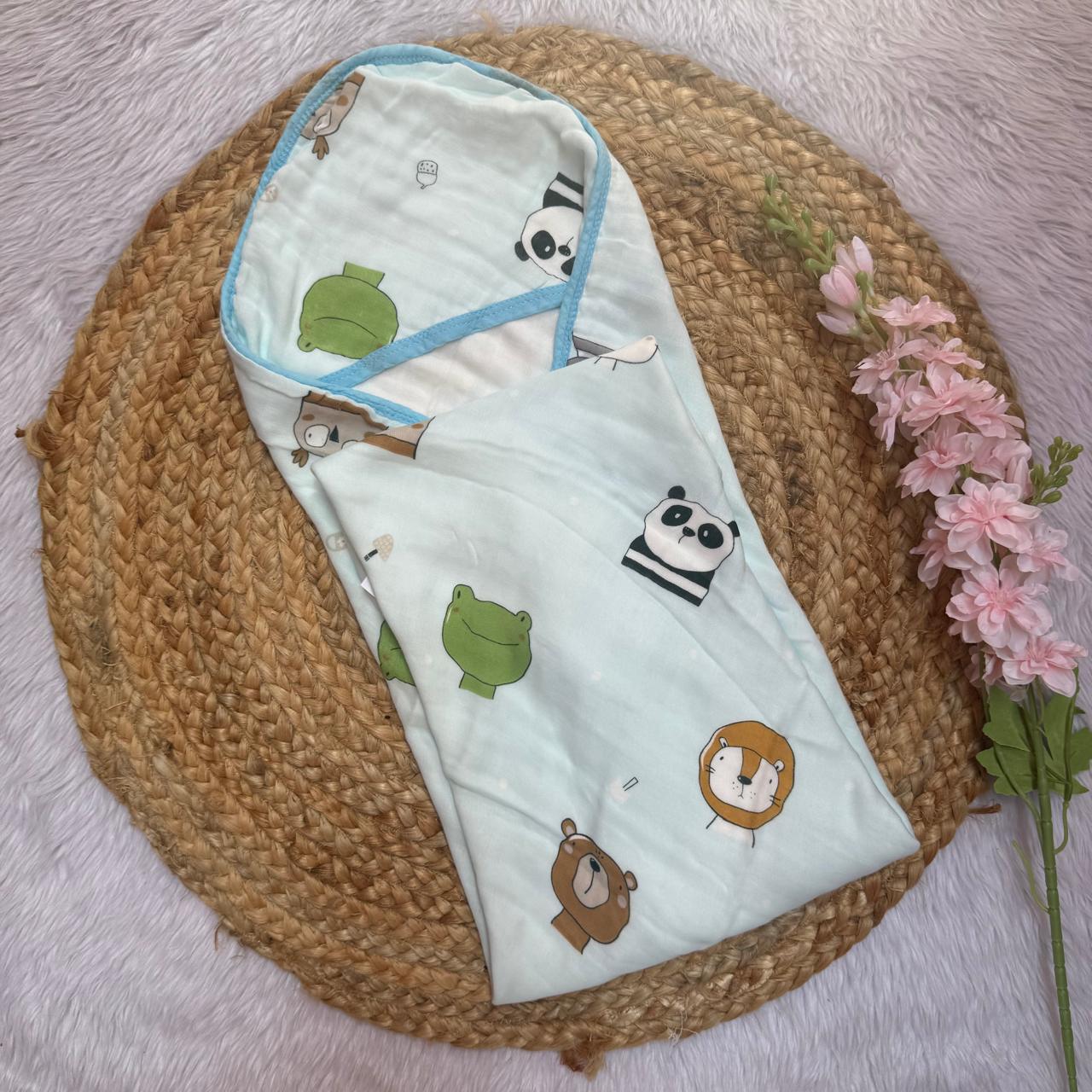 Muslin 6 Layer Hooded Towel - Blue Animal Faces