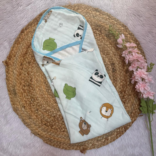 Muslin 6 Layer Hooded Towel - Blue Animal Faces