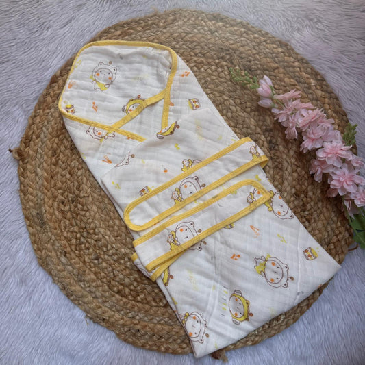 Muslin 6 Layer Hooded Towel with Belt - Yellow Kitty