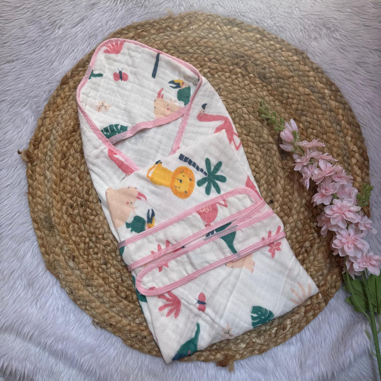 Muslin 6 Layer Hooded Towel with Belt - Pink Animals