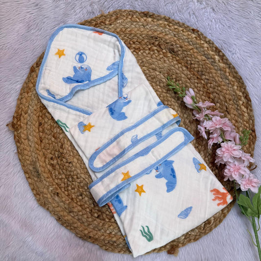 Muslin 6 Layer Hooded Towel with Belt - Dolphins