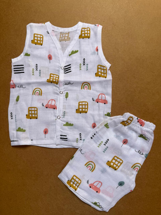 Muslin Jabla and Shorts Set  - Yellow Car