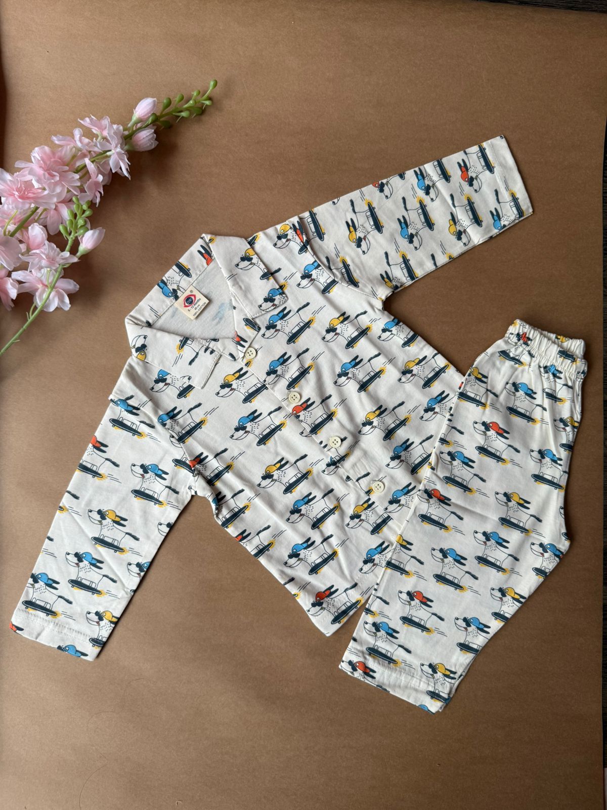 Baby Collar Night Suits - Cream Dog