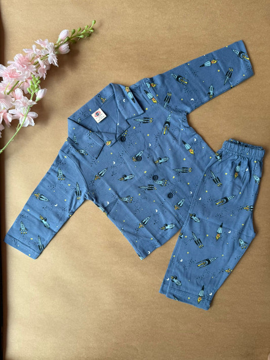 Baby Collar Night Suits - Navy Blue