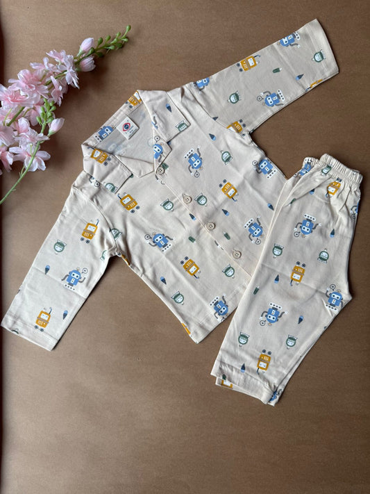 Baby Collar Night Suits - Cream Robo