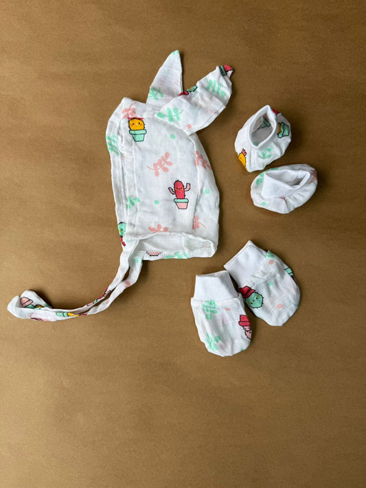 Muslin cap, mitten and booties - Cup Prickle