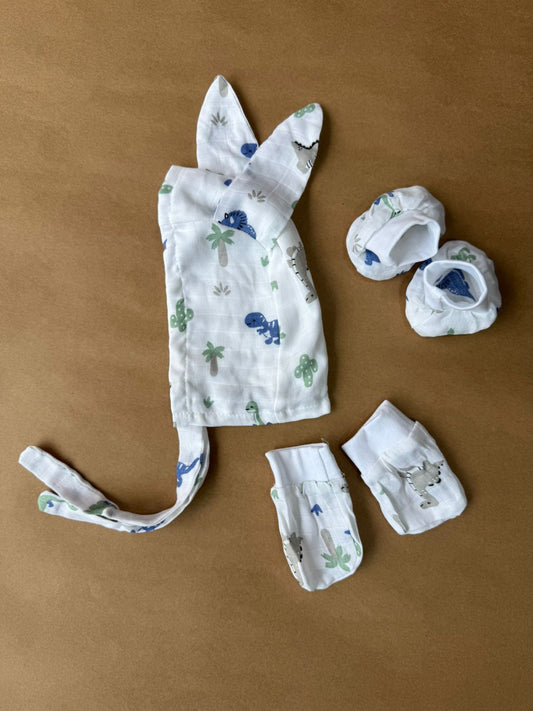 Muslin cap, mitten and booties - Grey Dino