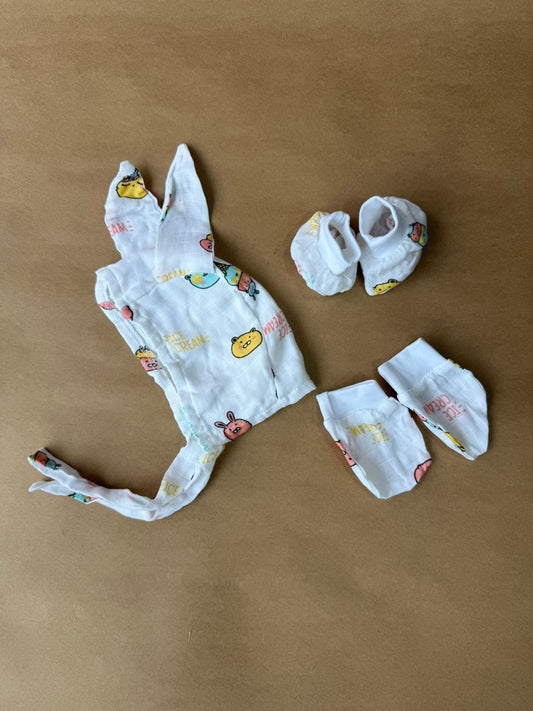 Muslin cap, mitten and booties - Ice Cream