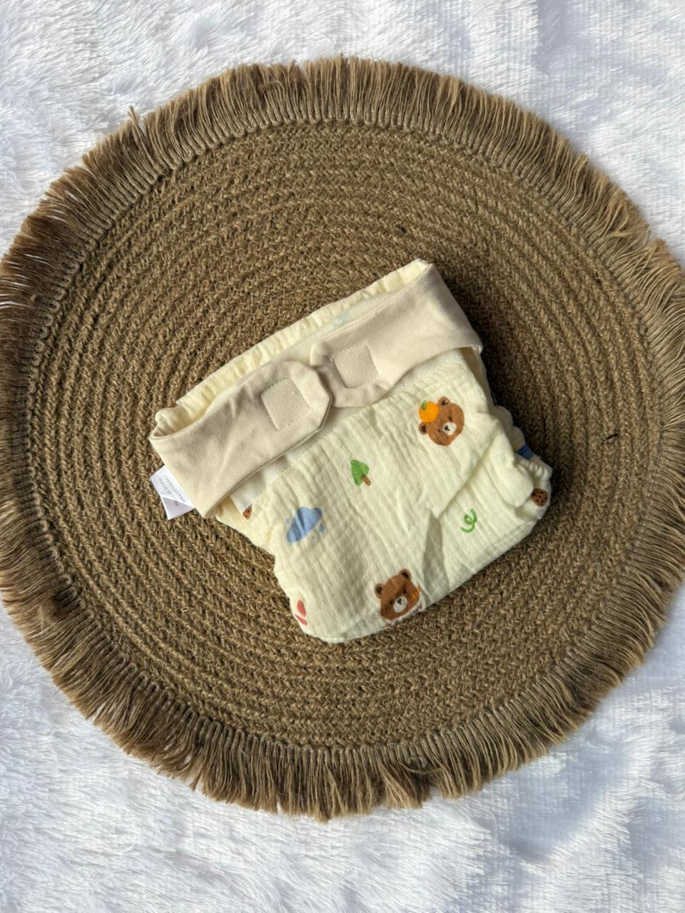 Premium Multi Layer Muslin Velcro Baby Nappy - Teddy Face