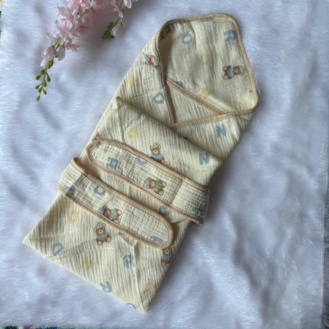 Crinkled Muslin  Hooded Towel - Letters in Teddy