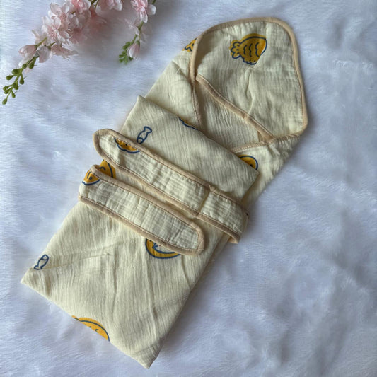 Crinkled Muslin  Hooded Towel - Yellow Fish