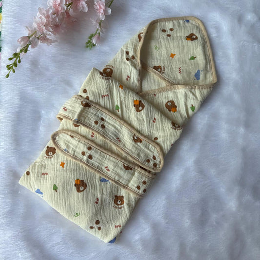 Crinkled Muslin  Hooded Towel - Cute Teddy Face
