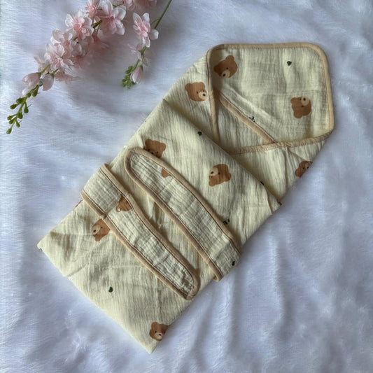 Crinkled Muslin  Hooded Towel - Teddy Face