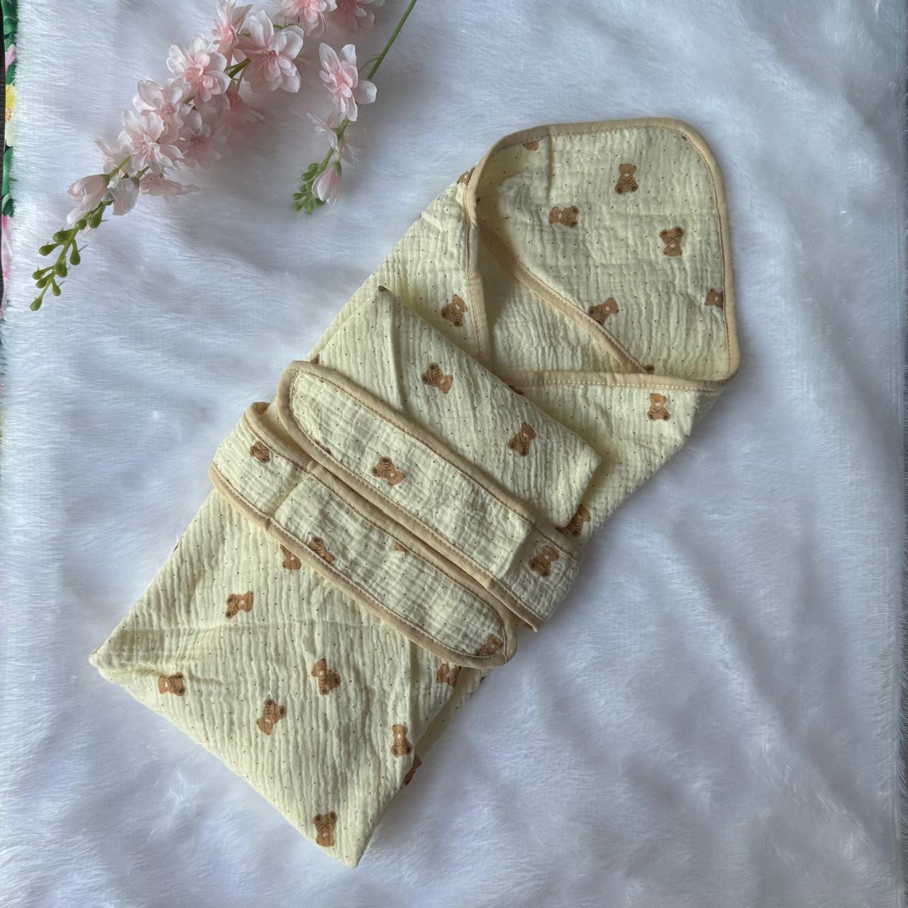 Crinkled Muslin  Hooded Towel - Brown Teddy