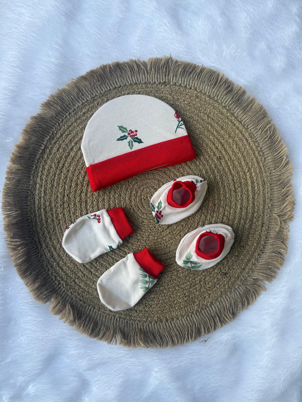 Knitted Cotton Cap, Mitten and Booties - Red