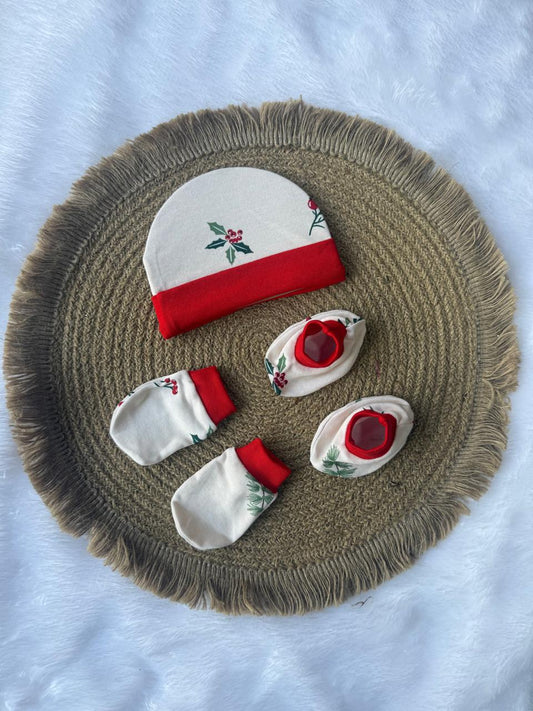 Knitted Cotton Cap, Mitten and Booties - Red