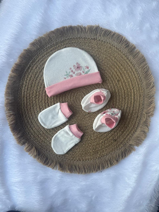 Knitted Cotton Cap, Mitten and Booties - Pink Flowers